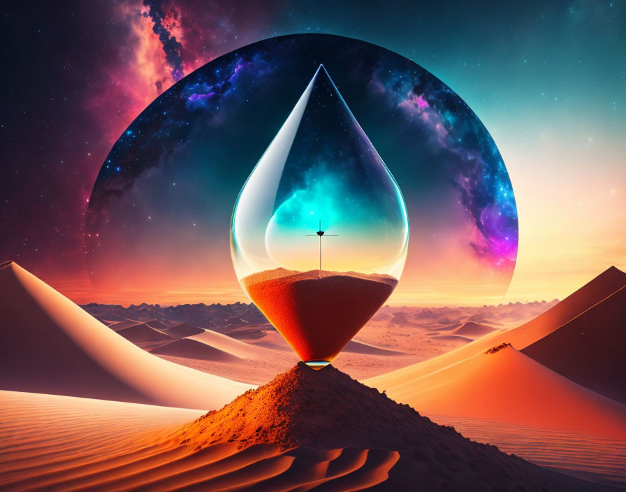 Surreal artwork: desert landscape meets cosmic hourglass with starry skies.