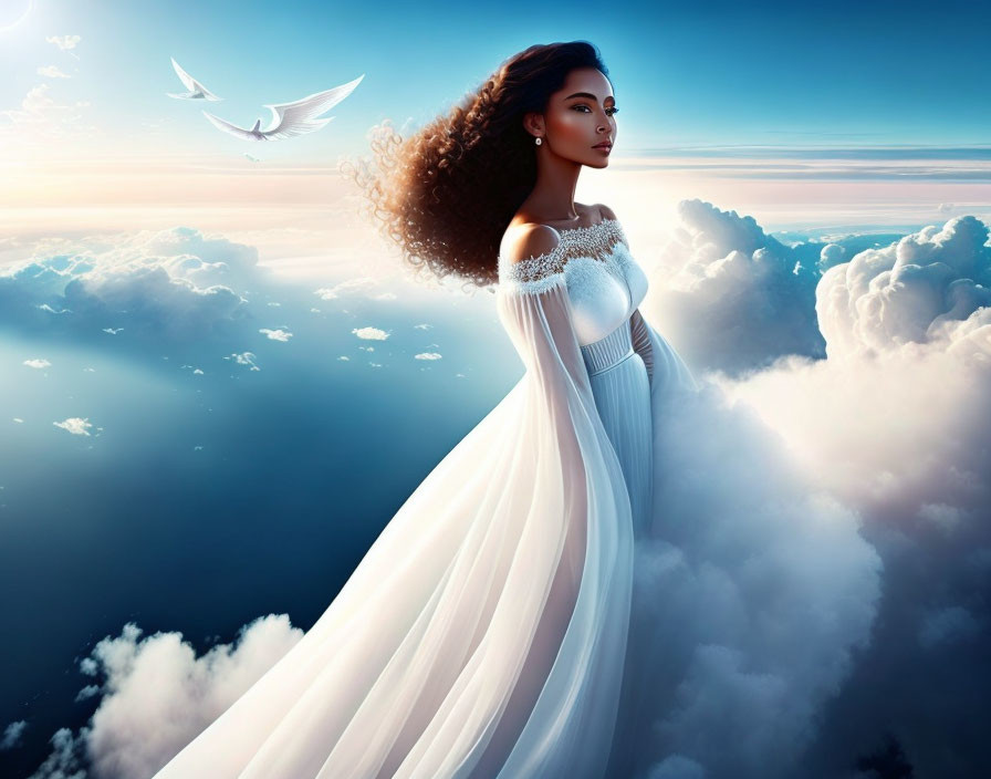 Woman in flowing white dress surrounded by clouds and a flying dove.