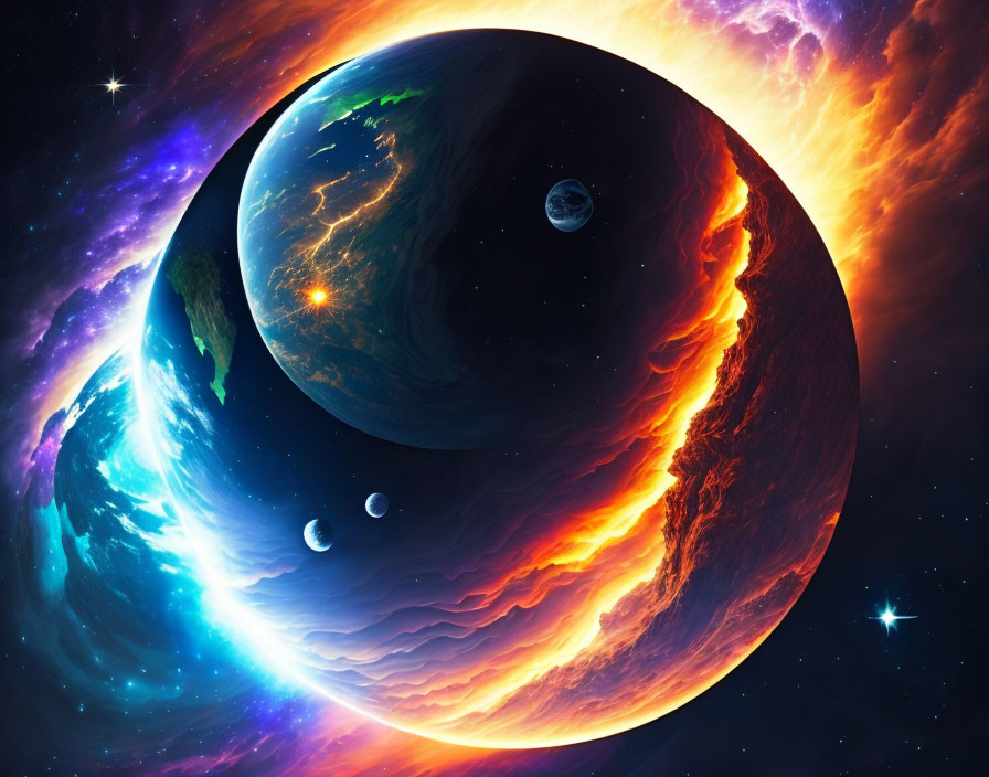 Cosmic scene with Earth-like planet, fiery nebula, moons in starry space