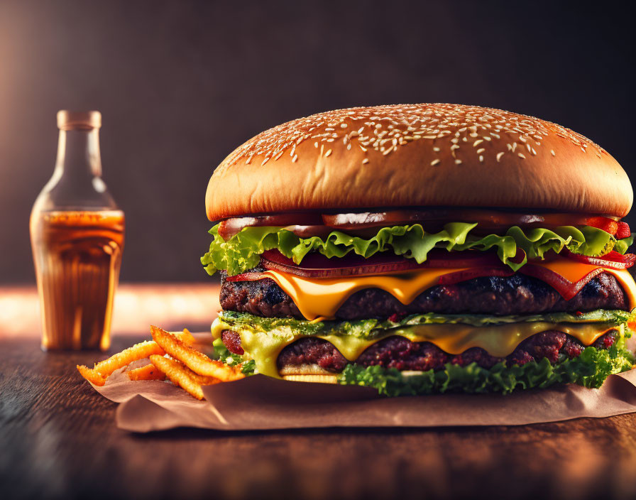 Classic Double Cheeseburger Meal with Fries and Soda on Wooden Background