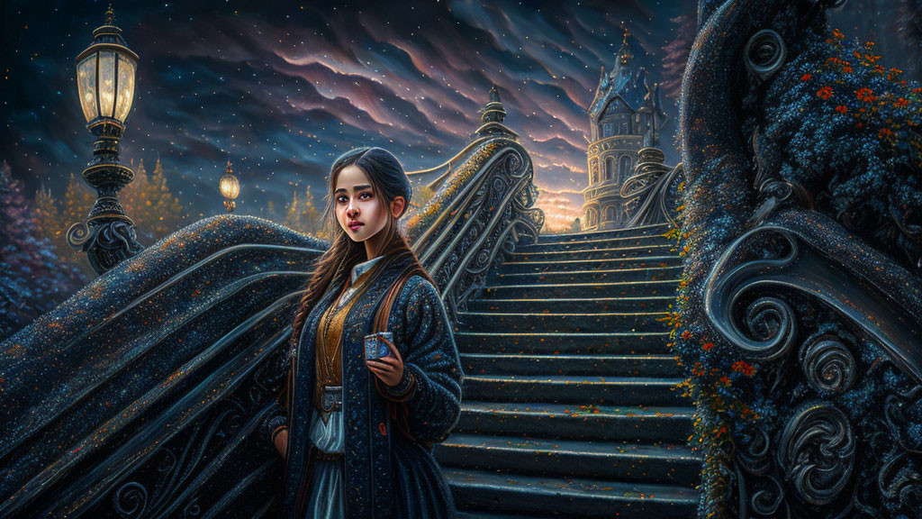 Woman on ornate staircase with book, lamp post, and mystical castle at night