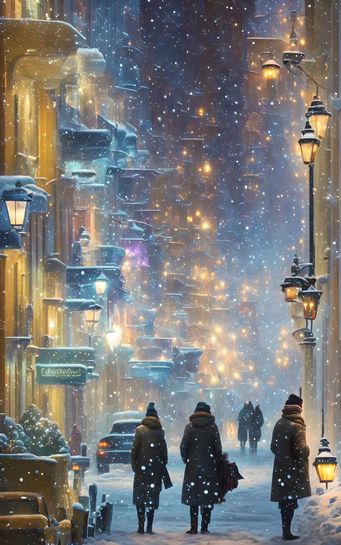Snowy city street at dusk with illuminated lamps and festive lights
