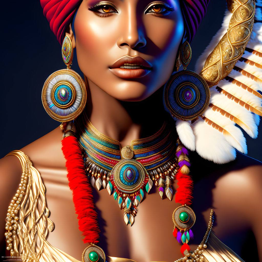 Vibrant digital portrait of woman with red headwrap and golden jewelry
