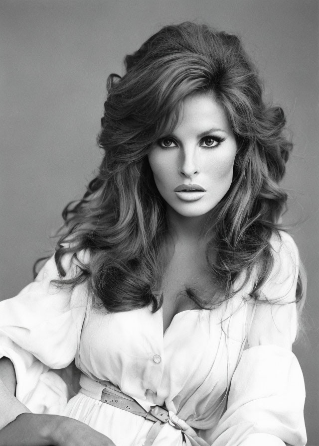 Monochrome portrait of woman with voluminous hair and glamorous makeup