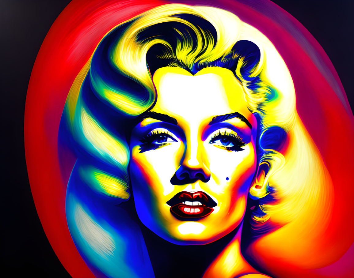 Colorful portrait of woman with classic hairstyle in swirling rainbow hues.