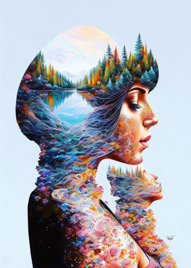 Colorful artwork: Woman's profile merges with forest and river landscape