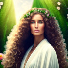 Curly-Haired Woman in Floral Crown Surrounded by Lush Greenery