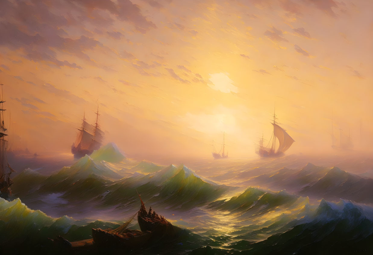 Sailing ships on tumultuous seas at sunset with dramatic sky
