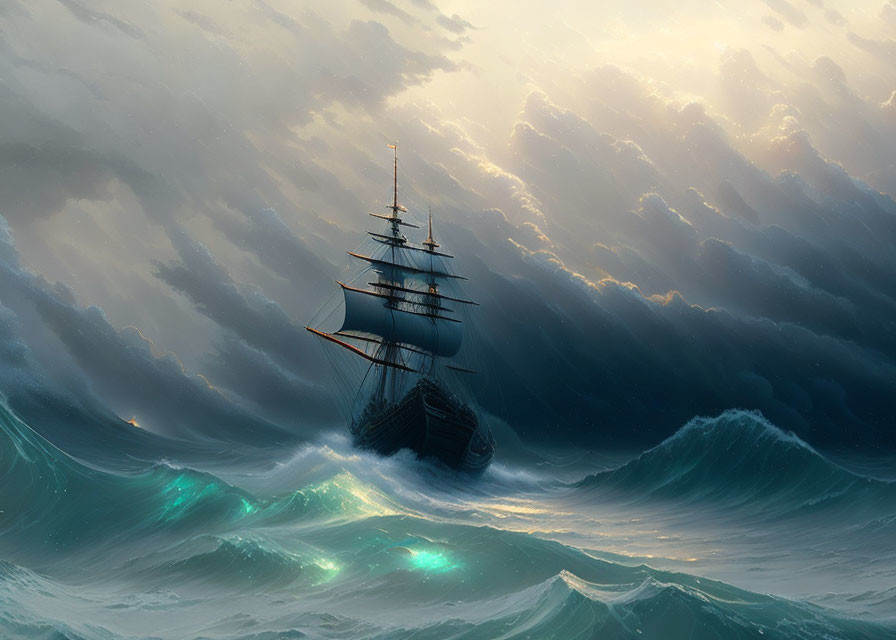 Majestic sailing ship on tumultuous sea waves