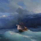 Sailing ship in stormy ocean waves under dramatic sky