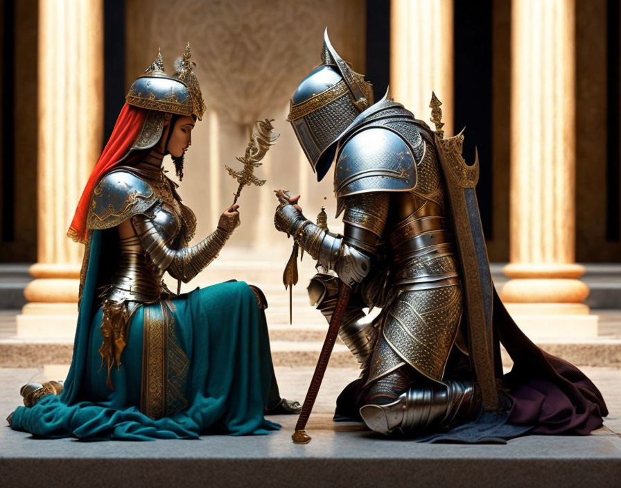 Knight in armor receiving laurel wreath from queen in throne hall