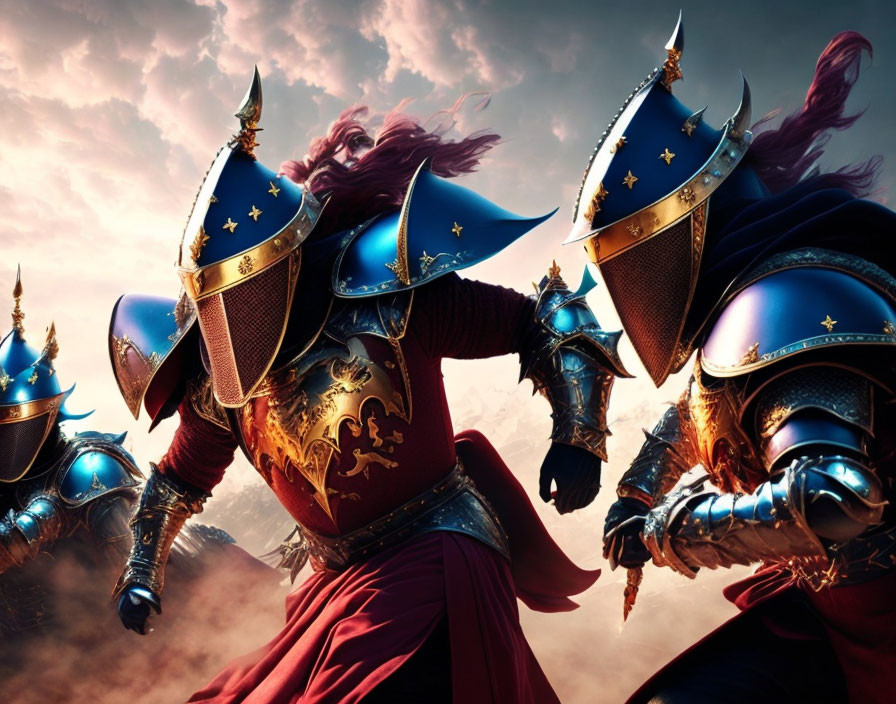 Armored knight with red cape leads warriors under dramatic sky
