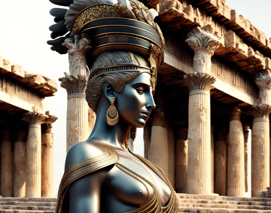 Regal woman with golden headgear and Greek columns in 3D illustration