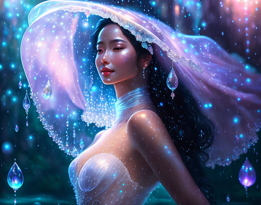Ethereal woman in translucent attire with orbs and crystals on starry night.