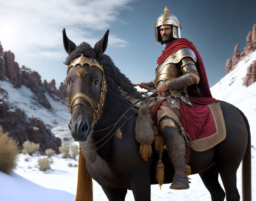 Medieval knight in detailed armor riding brown horse in snowy desert with red cliffs