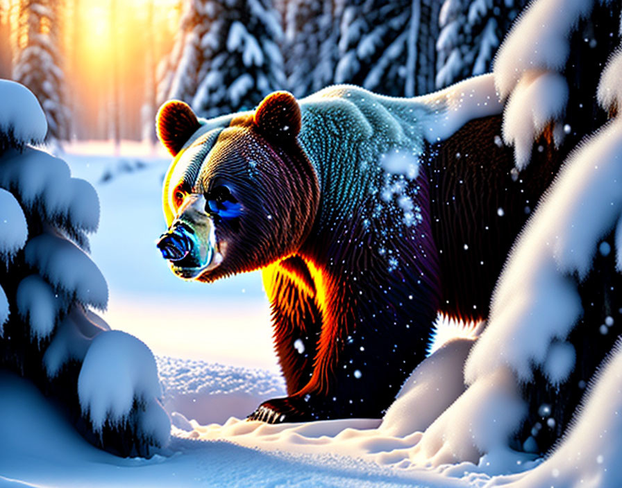 Colorful Glowing Bear in Snowy Forest at Sunset