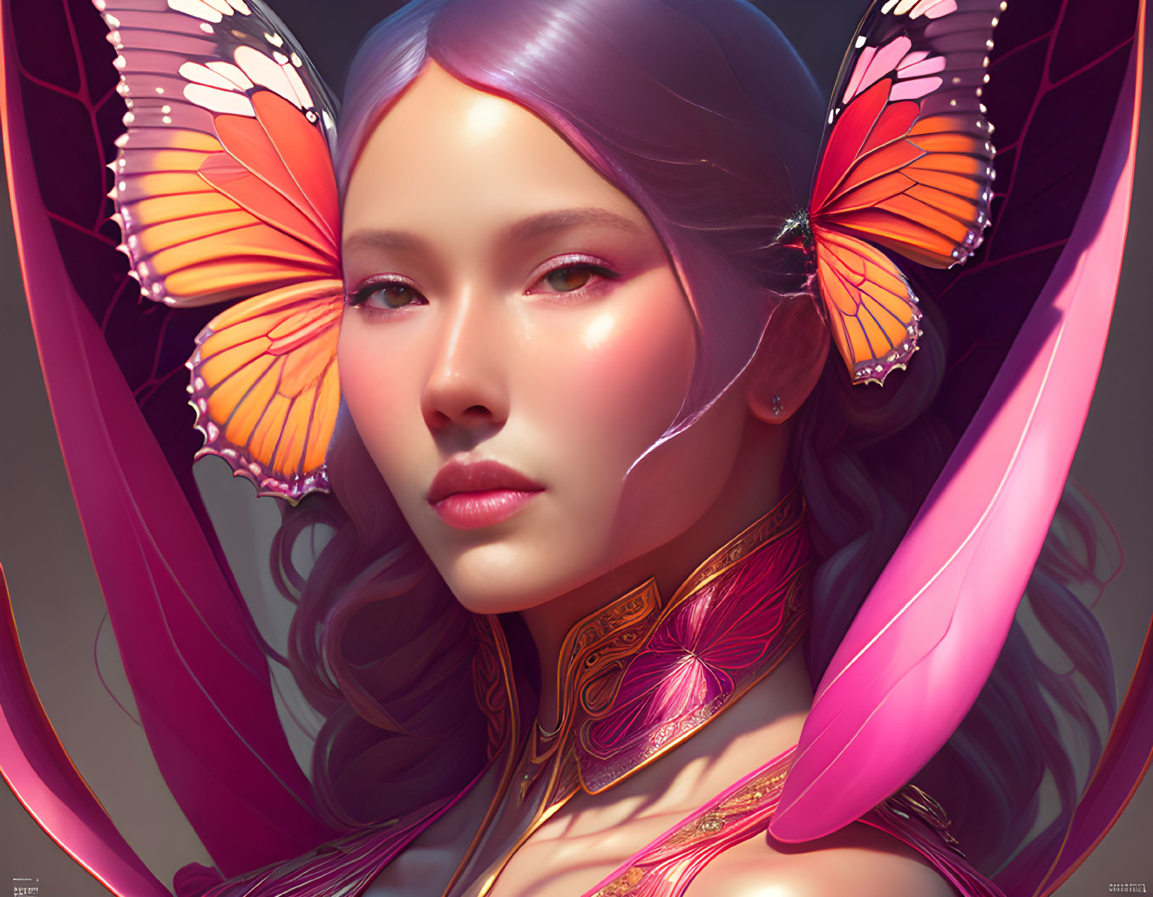 Digital portrait of woman with purple hair, butterfly wings, and golden neck armor