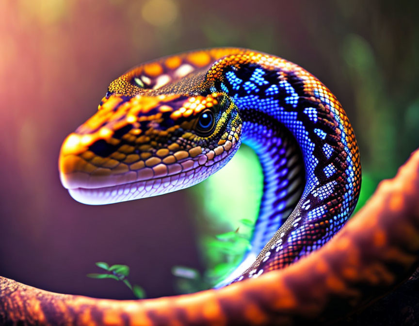 Colorful Snake Coiled on Branch with Blue and Yellow Patterns