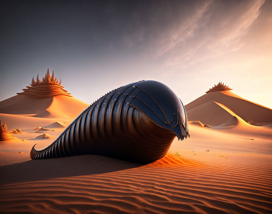 Surreal black shell with metallic spines on desert dune at sunset