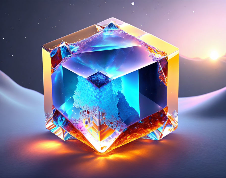 Colorful Glowing Crystal Cube in Twilight Landscape