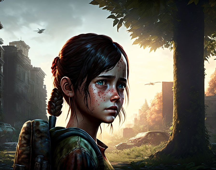 Girl with backpack and braid in post-apocalyptic scene with derelict buildings and plane