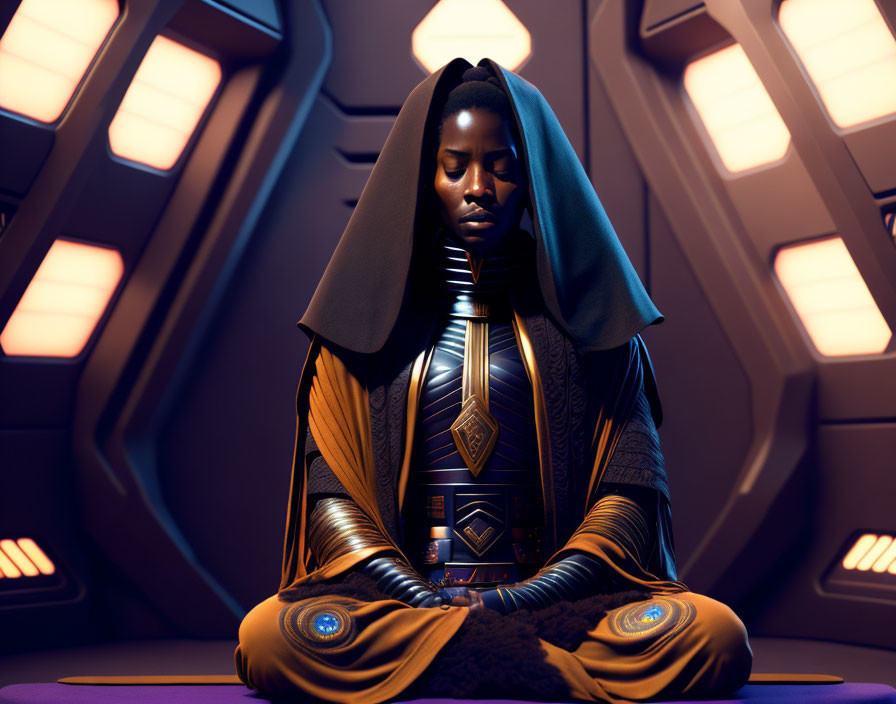 Futuristic attire hooded figure meditating in purple-lit sci-fi room