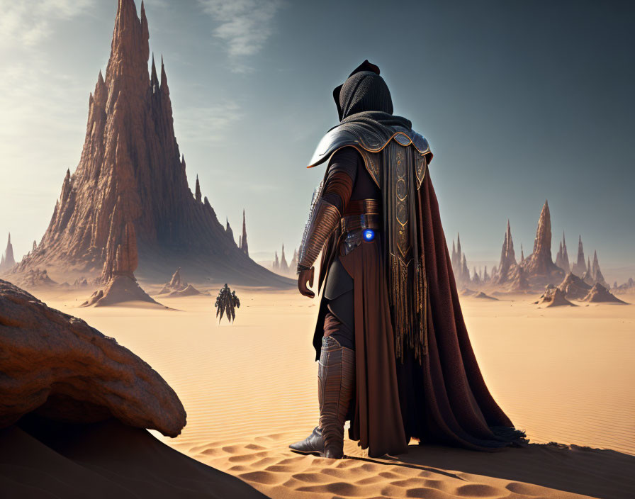 Mysterious figure in cloak with futuristic hover device in desert landscape