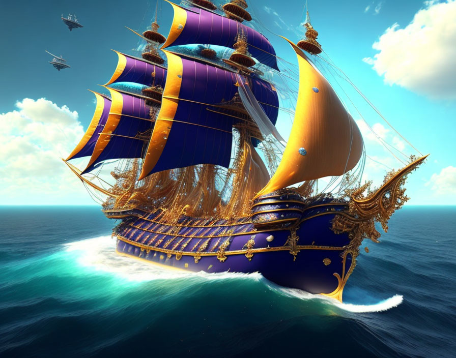 Fantastical digital artwork: vibrant ship with sapphire blue sails on ocean