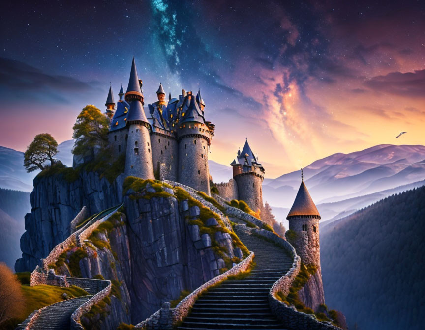 Majestic cliff-top castle under starlit sky with winding staircase