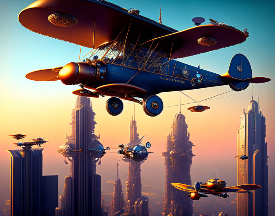 Vintage airplanes fly near futuristic skyscrapers in warm sunset sky