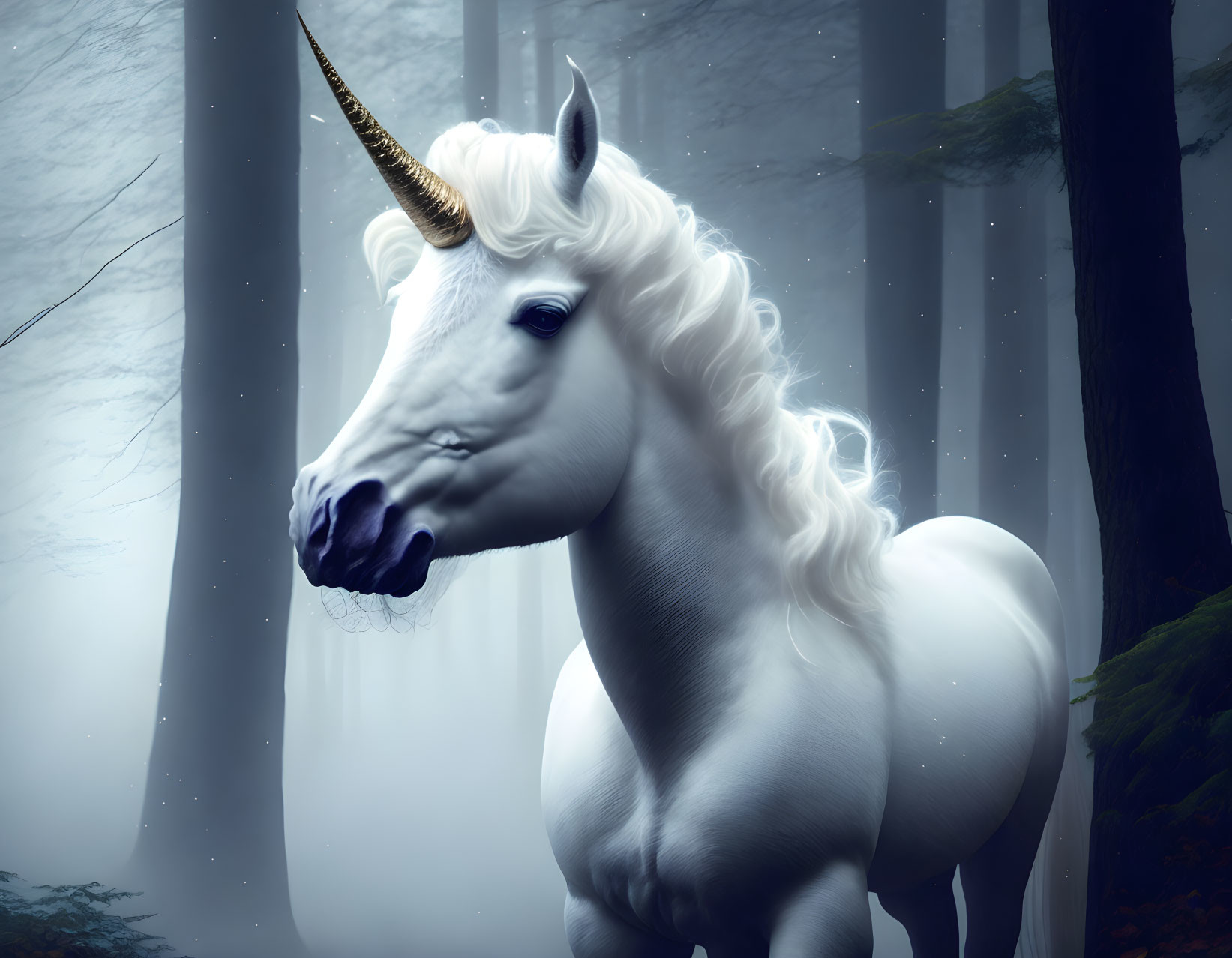 Majestic white unicorn with golden horn in misty forest