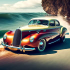 Vintage car with two-tone paint driving by coastal cliffs and crashing waves