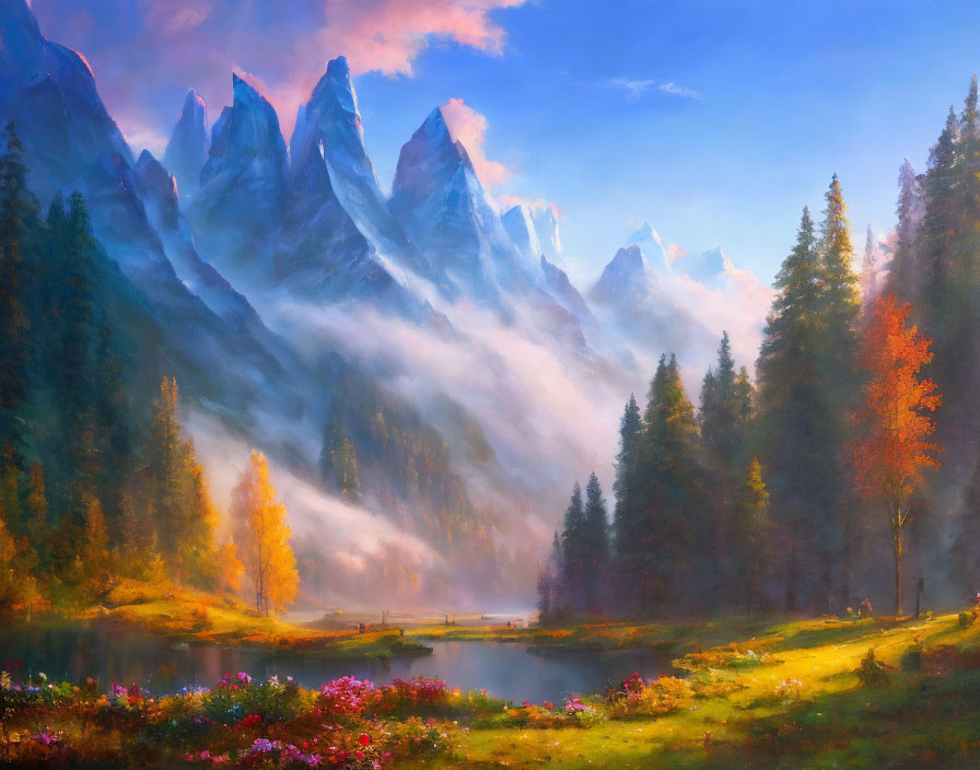 Misty mountain range painting with serene lake and autumnal foliage