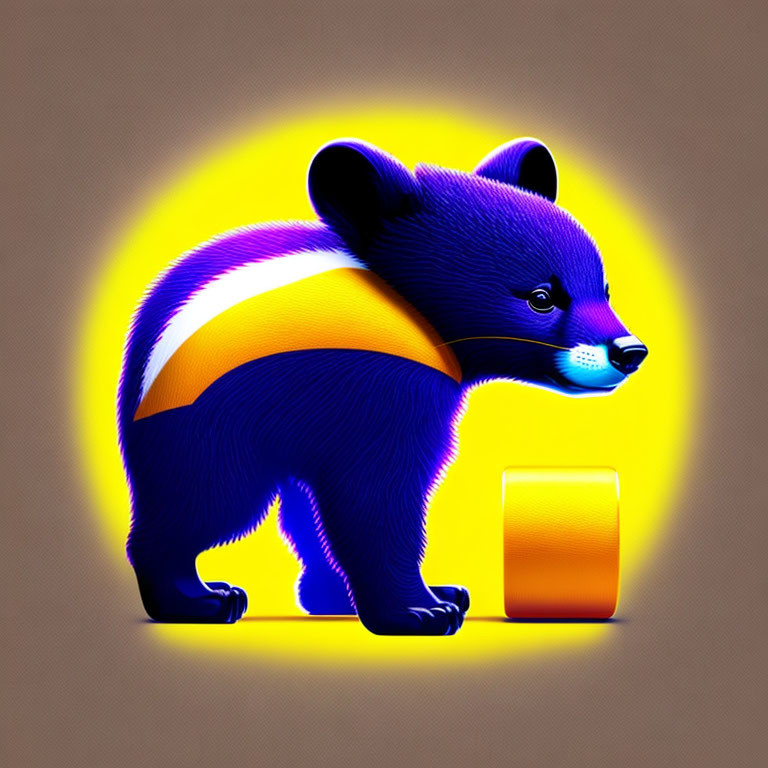 Colorful Purple and Blue Stylized Bear Cub Illustration on Yellow Background