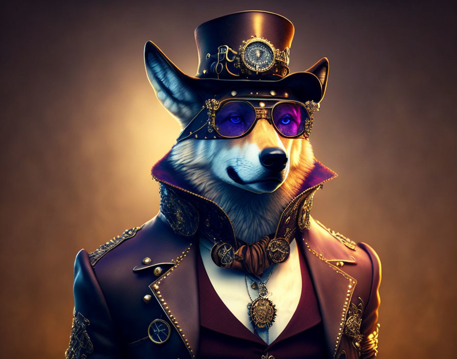 Anthropomorphic fox character in steampunk attire