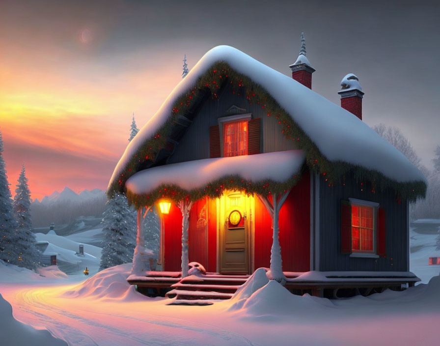 Snow-covered cottage with Christmas lights in winter landscape.