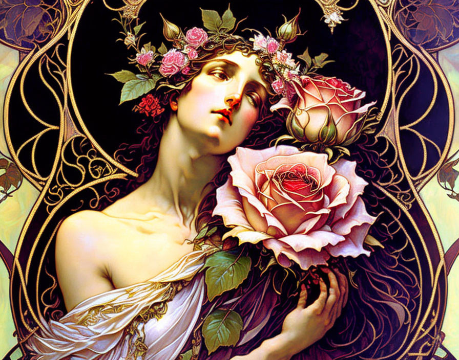 Art Nouveau Woman with Rose and Floral Motifs