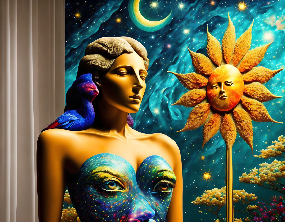 Surreal artwork of two figures with starry body paint in cosmic scene