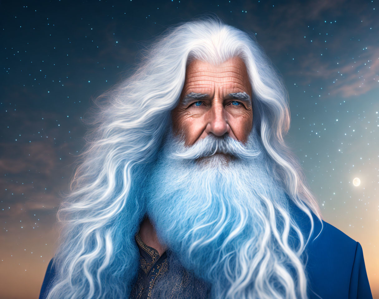 Elderly man with long white beard under starry sky wearing blue robe
