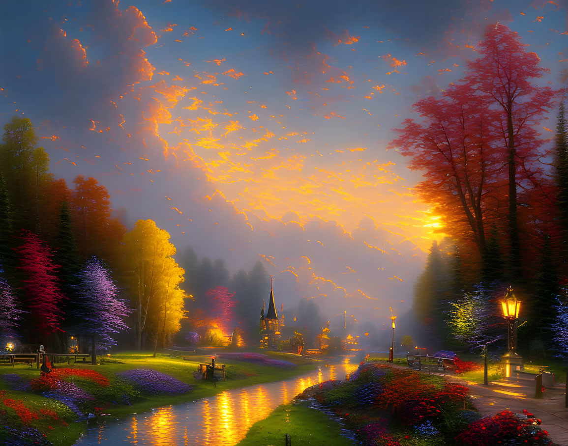 Vibrant park scene with river, colorful trees, and church spire at dusk