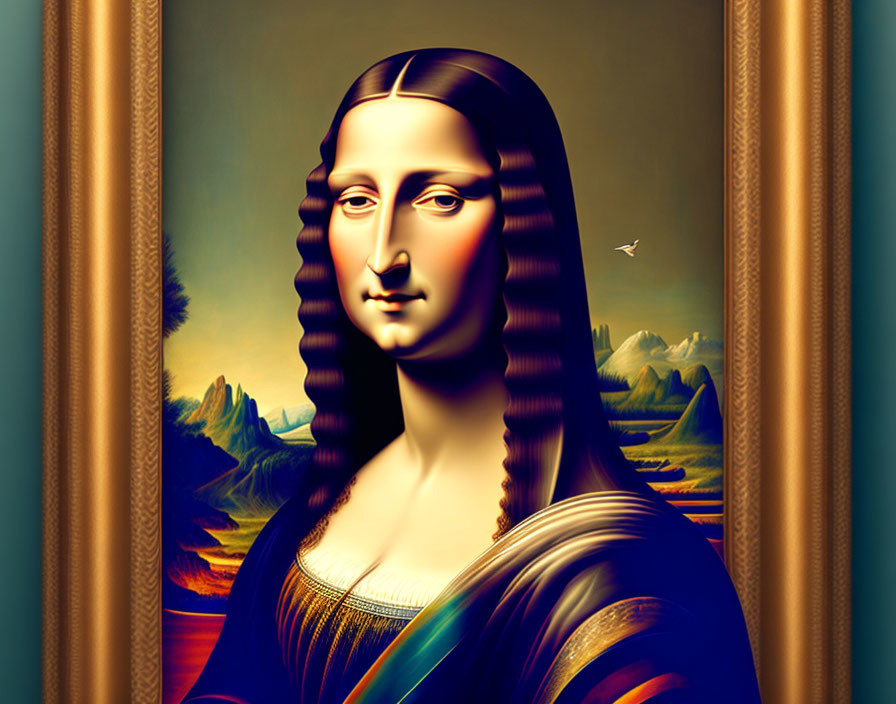 Stylized Mona Lisa with enhanced colors and exaggerated features in mountainous landscape.