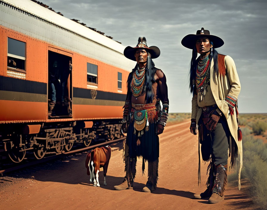 Native American-inspired attire figures by orange train in desert with dog