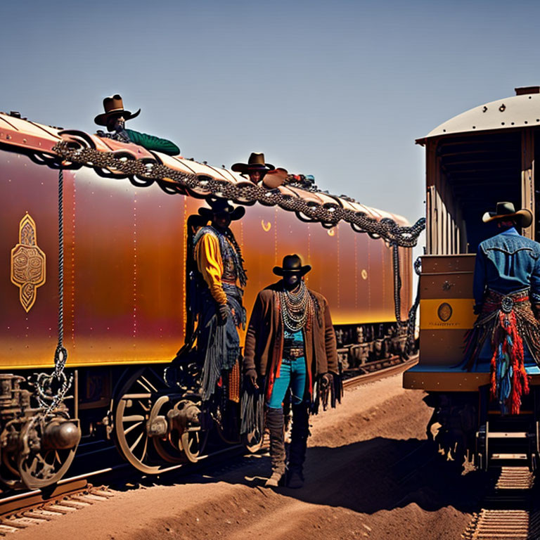 Cowboys in Western attire by train with decorative chains and spurs