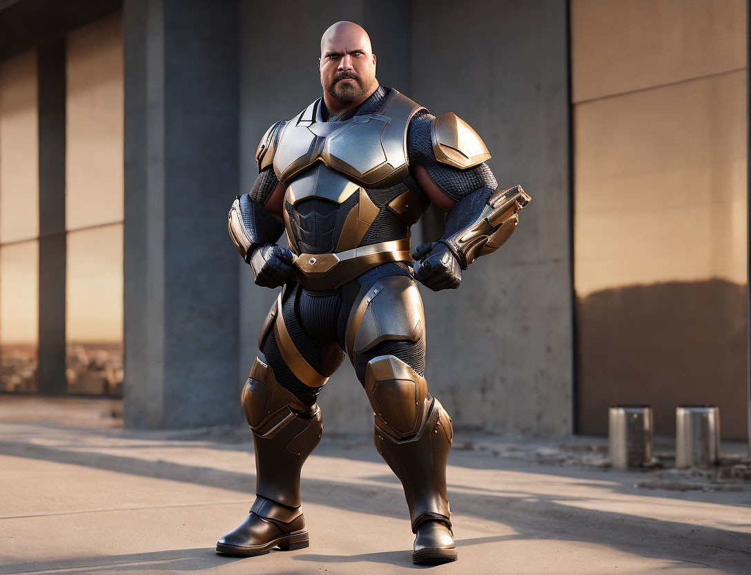 Futuristic black and gold armored person standing confidently