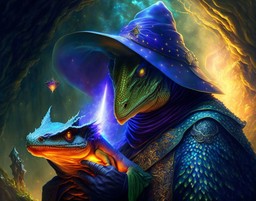 Colorful anthropomorphic reptilian wizard with glowing dragon creature in blue hat