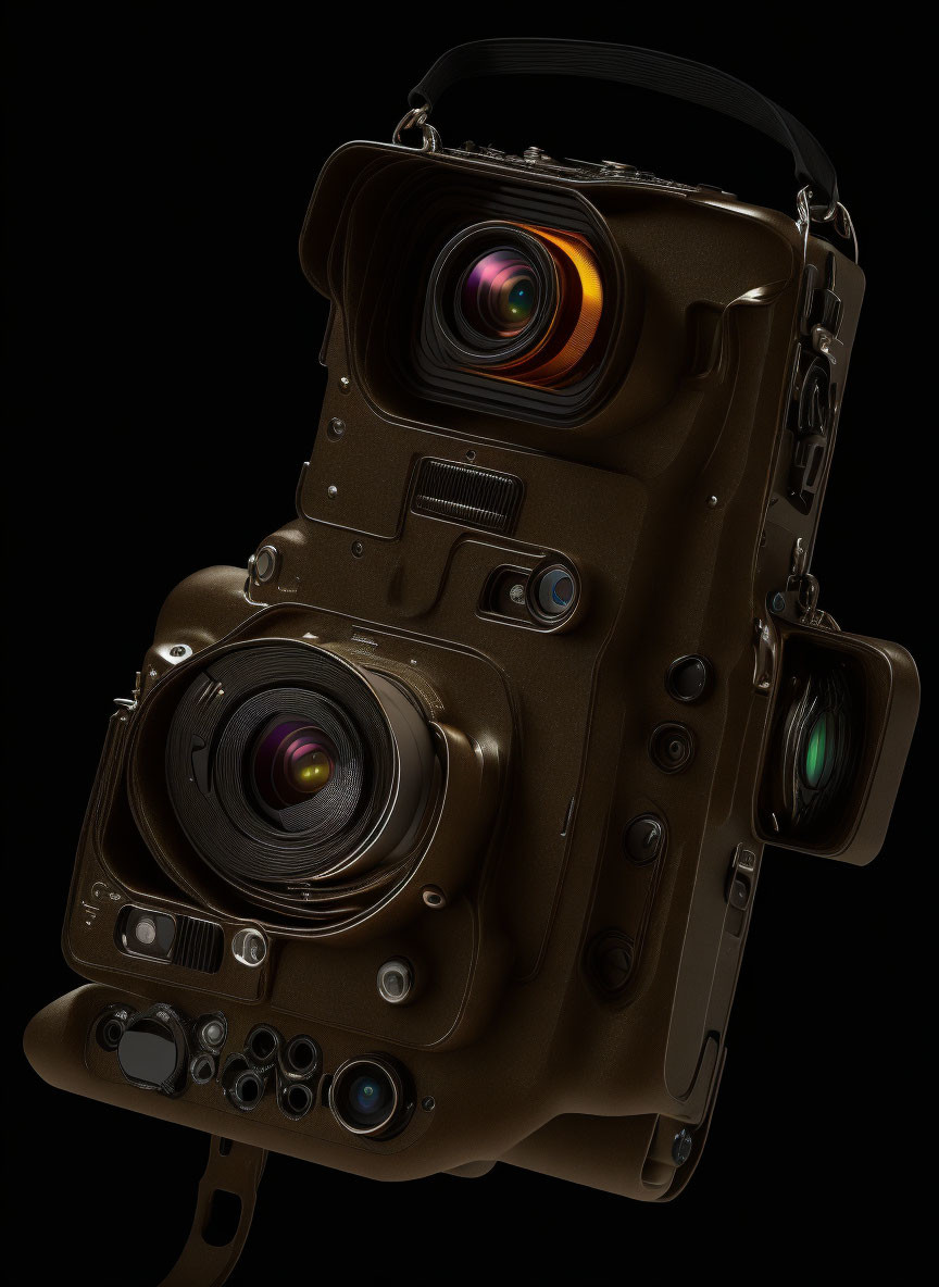 Futuristic dual-lens camera with glowing elements on dark background
