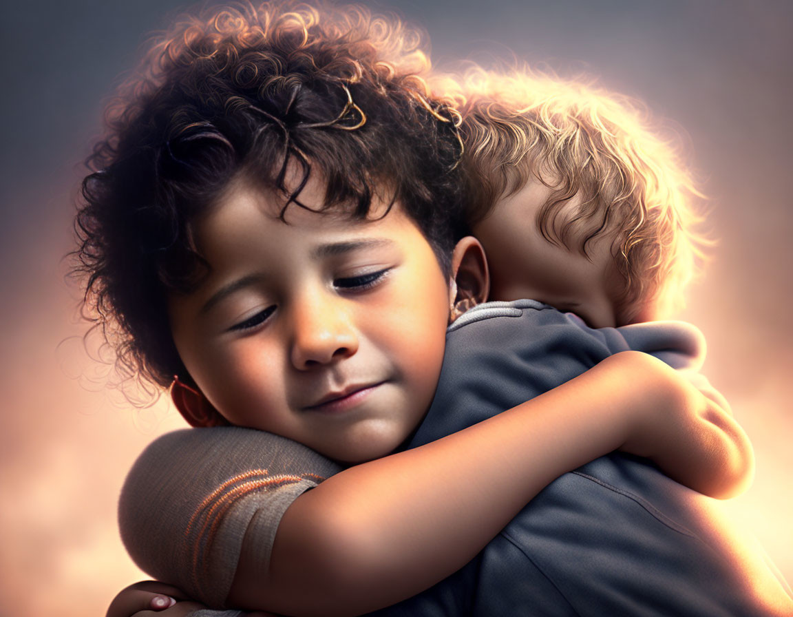 Close-up of young children hugging in warm embrace