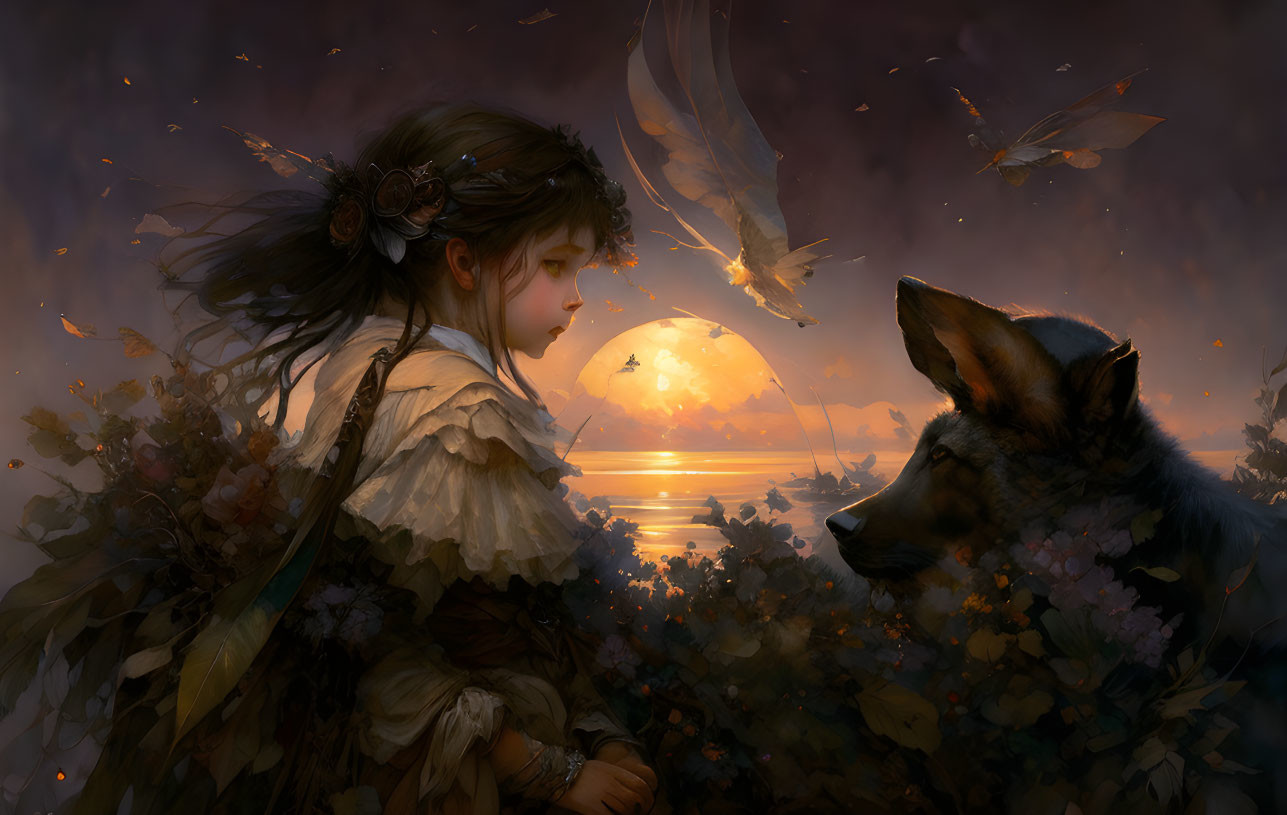 Young girl in vintage dress with wolf, flowers, bird, and glowing leaves at sunset