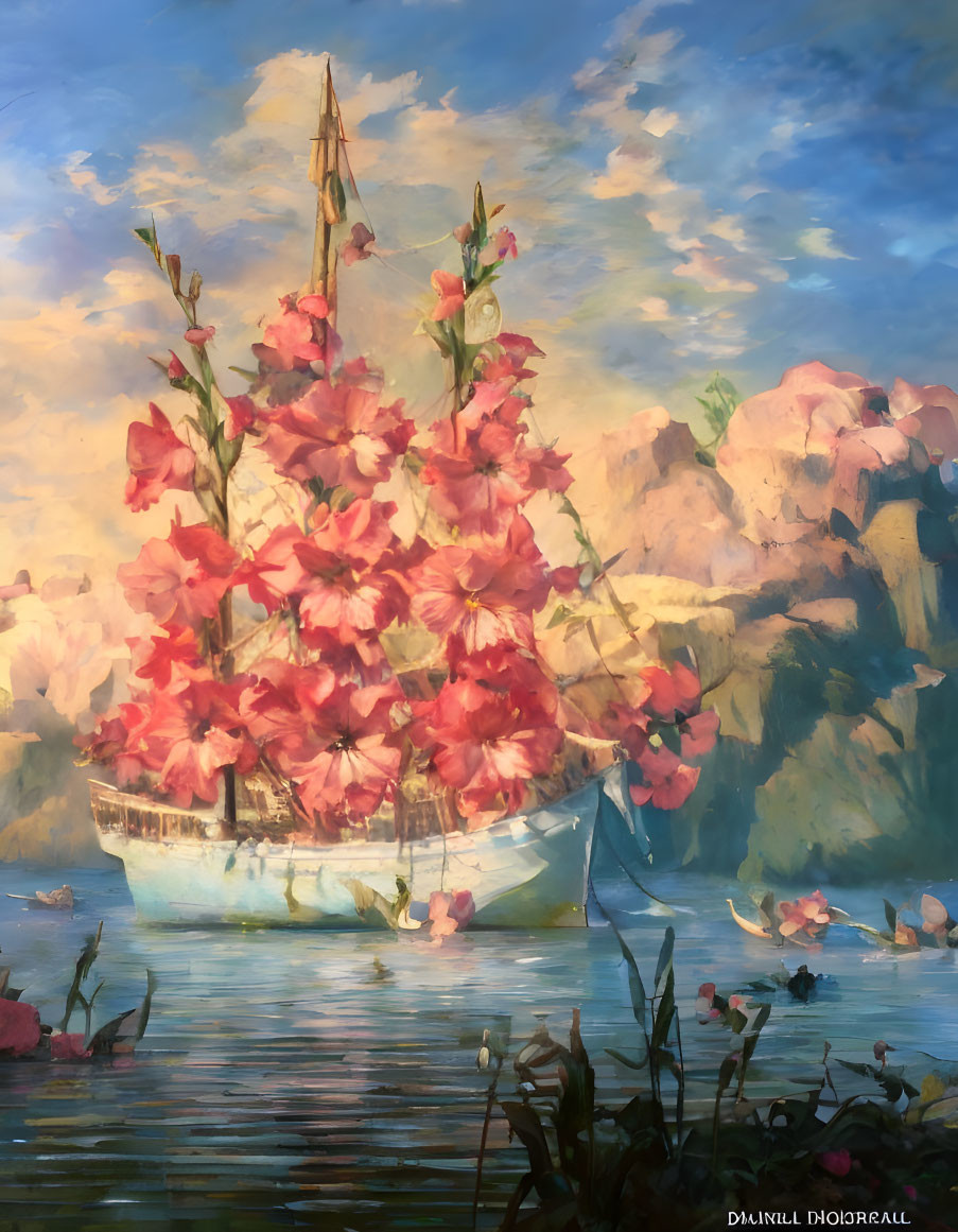 Ship, flowers 