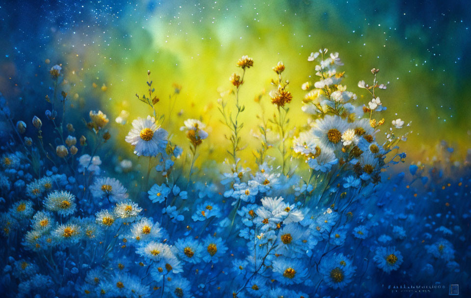 Tranquil Blue and White Wildflowers in Bokeh Background